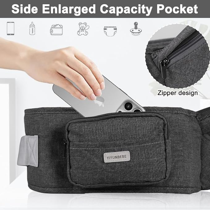 Baby Hip Carrier, Hip Seat Baby Carrierwith Adjustable Waistband, Ergonomic No-Slipped Seat, Breathable Materials for Newborns to Toddlers（Black