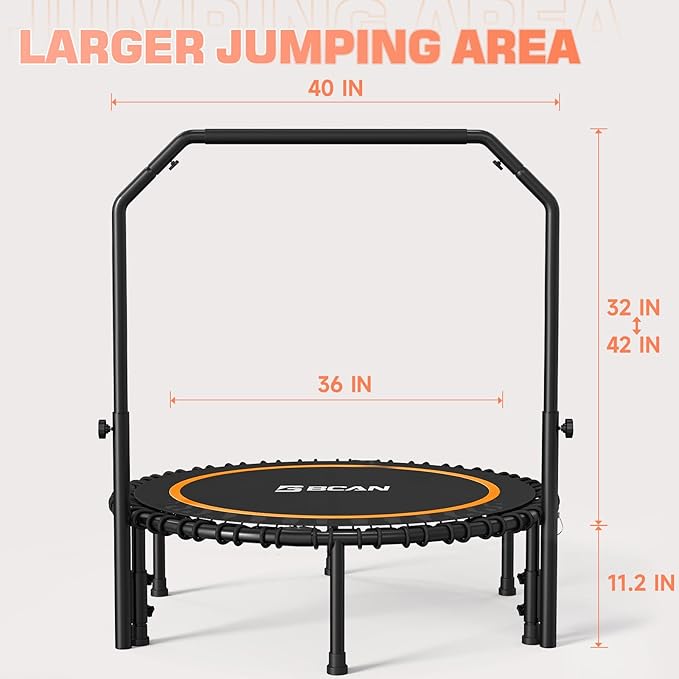 BCAN 40"/48" Mini Rebounder Trampoline for Adults with Bar, 450/550LBS Fitness Trampoline with Bungees, Adjustable Handle, Stable & Quiet, Indoor Outdoor, Whole-Body Workout & Relaxation at Home