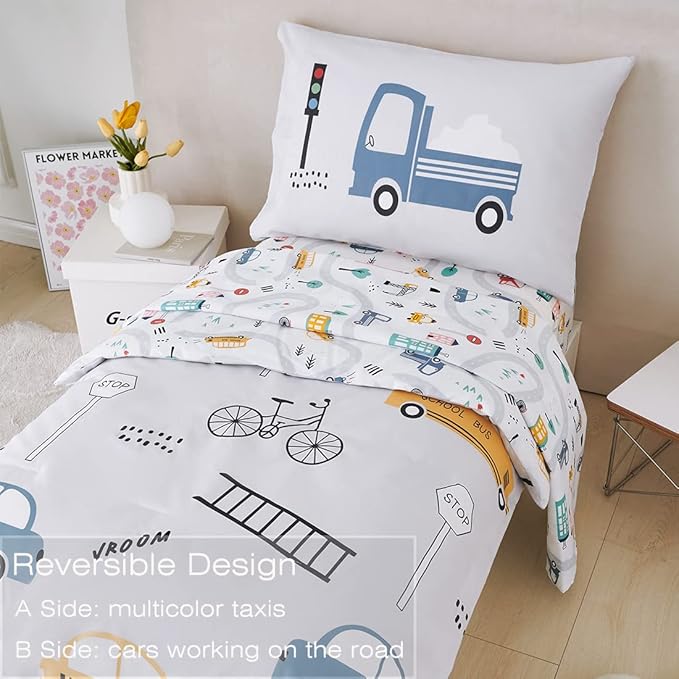 PERFEMET 4 Pcs Toddler Bedding Set - Soft Reversible Cars, Bus, Trucks Print Toddler Bed Set for Boys & Girls - Matching Sheet Set (Light Grey, Taxis/Bus/Trucks)