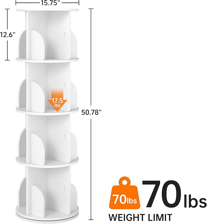 Rotating Bookshelf 4 Tier, 360 Degree Spinning Corner Bookcase with Lazy Susan, White Space Saving Tower Organizer for Small Spaces, Bedroom, Living Room, Adults & Kids