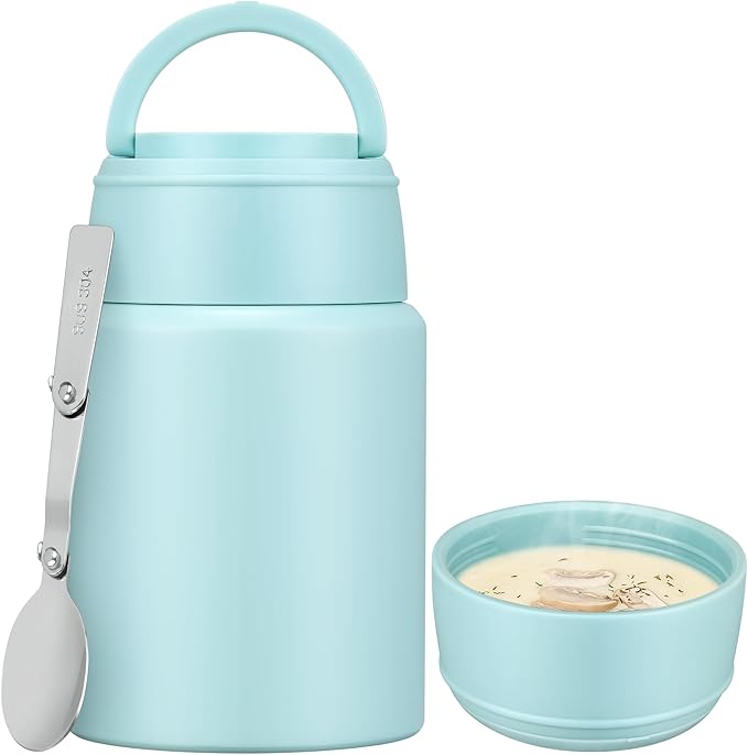 Soup Thermo for Hot Food Kids 16oz Insulated Food Jar Leakproof Thermo Lunch Container for Kids Wide-Mouth Stainless Steel Lunch Box for School with Handle Folding Spoon(3+)