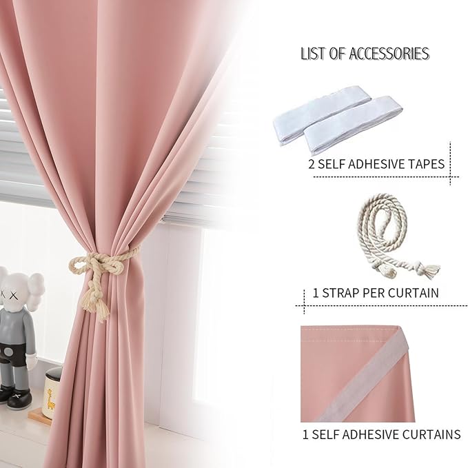 Self Adhesive Blackout Curtains- Stick on Curtains Shades Window Blinds Curtains No Rod Needed Easy to Hang Curtain, Use for Bedroom, Living Room,Roman Shades, 59" W X 84" L, Pink, 1 Panel