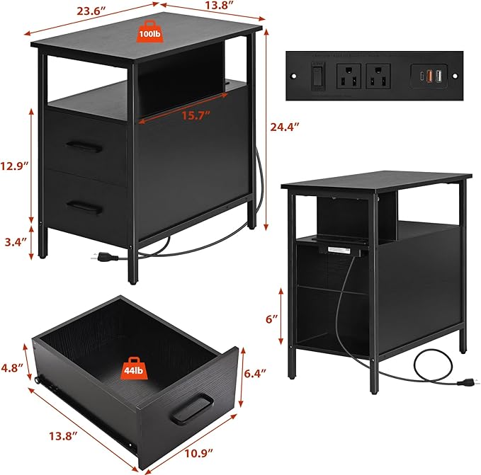 Black Side Tables, End Table with Charging Station, Narrow End Table with 2 Wooden Drawers, USB Ports and Power Outlets, Slim Nightstand and Bedside Table, End Tables Living Room, Bedroom