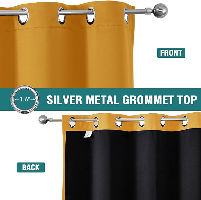 ChrisDowa 100% Blackout Curtains for Bedroom with Black Liner, 2 Thick Layers Total Blackout Thermal Insulated Grommet Window Curtains 2 Panels Set (Mustard Yellow, 42 x 63 Inch)