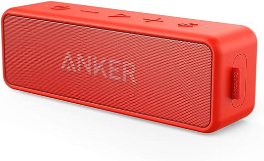 Anker SoundCore 2 Portable Bluetooth Speaker, Wireless, Enhanced Bass, 24-Hour Playtime, 66ft Range, IPX7 Water Resistant, Built-in Mic, Ideal for Travel, Compact and Easy to Use - Red