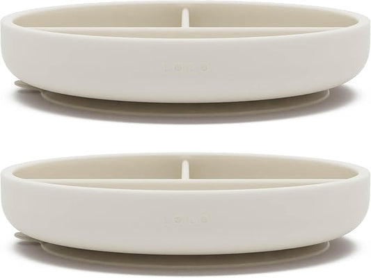Lalo Suction Plates - 2 Pack, 100% Silicone Non-Toxic BPA-Free Baby Plates with Suction Base To Prevent Accidental Tip-Overs - Suction Plates for Toddlers With Three Divided Sections - Oatmeal