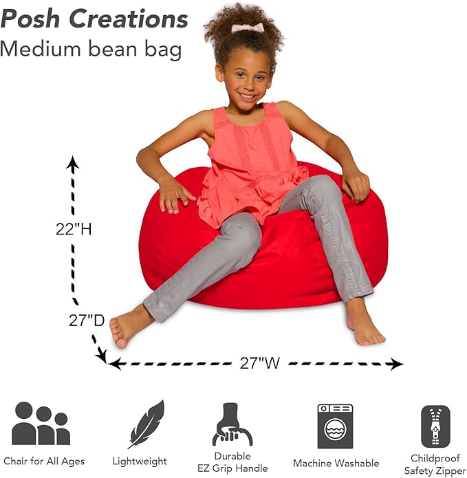 Posh Creations Bean Bag Chair for Kids, Teens, and Adults Includes Removable and Machine Washable Cover, Solid Red, 27in - Medium