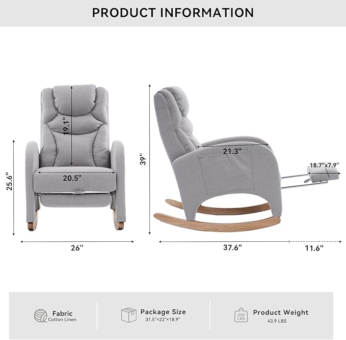 Rocking Chair Nursery, Modern Glider Chair with Adjustable Footrest and Solid Wood Legs, High Backrest Nursery Chair with Side Pocket, Rocker Armchair for Living Room Bedroom, Cotton Linen Light Gray