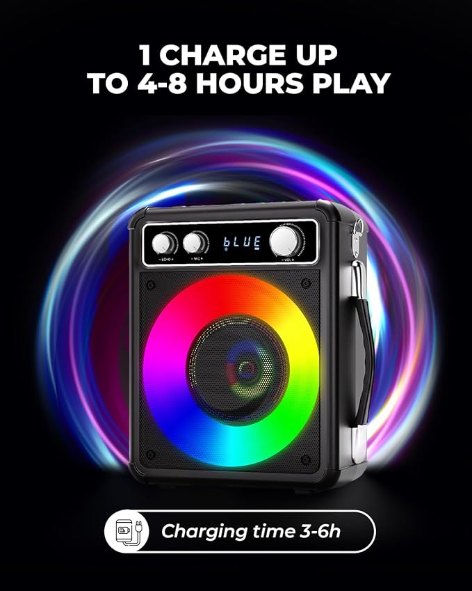 Karaoke Machine, Portable Bluetooth Karaoke Speaker with 2 Wireless Microphones, PA System for Adults Kids with LED Lights, Supports FM/AUX/USB/TF for Home Party