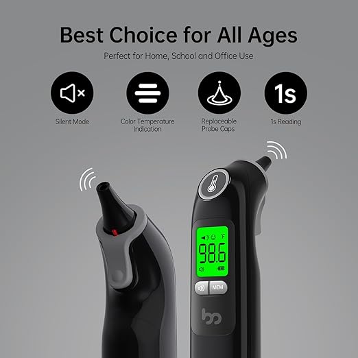 Ear Thermometer, Highly Accurate Ear Thermometer for Kids, Adults and Babies, 30 Memory Recall, 1s Result and 3-Color Fever Alert, with 24 Disposable Probe Covers, Black