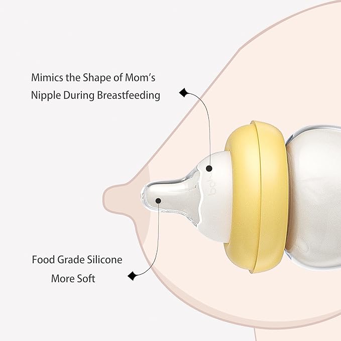 YOHKOH Natural Glass Baby Bottle with Natural Response Nipple, Newborn Anti-Colic Baby Bottles, Wide Neck Mushroom Cap Baby Bottle, Clear (Yellow, (5.4oz (Pack of 2))