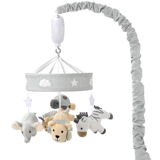The Peanutshell Crib Mobile for Boys or Girls - Grey Musical Baby Crib Mobile with 12 Lullabies, Lion, Elephant, Zebra, Safari Plush Toys Hanging, Infant Baby Mobile Crib, Safari Nursery Decor