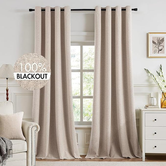 MIULEE 100% Blackout Linen Textured Curtains for Bedroom Solid Thermal Insulated Natural Beige Grommet Room Darkening Curtains & Drapes Luxury Decor for Living Room Nursery 52 x 132 Inch (2 Panels)