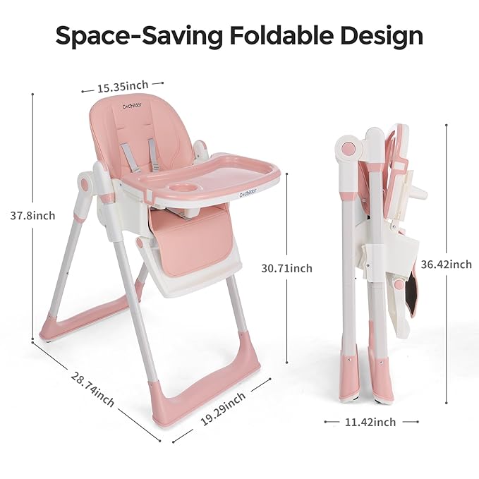 3-in-1 Foldable High Chair for Babies & Toddlers – Adjustable Height, Reclining Seat, 5-Point Safety Harness, Removable Tray, Lockable Wheels, Washable Cushion – Portable & Easy Clean, Pink