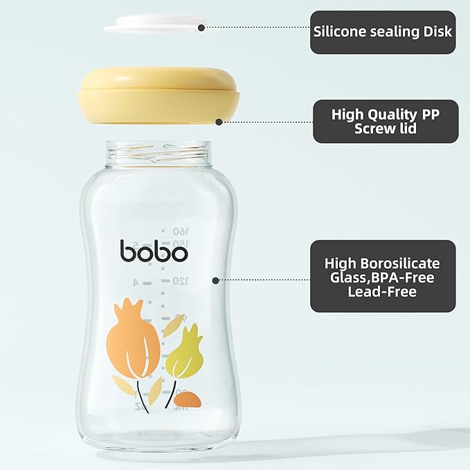 YOHKOH Breast Milk Storage Bottles - Wide Neck Glass Breastmilk Storage Bottles with Lids, BPA-Free (Yellow, 5.4oz (Pack of 4))