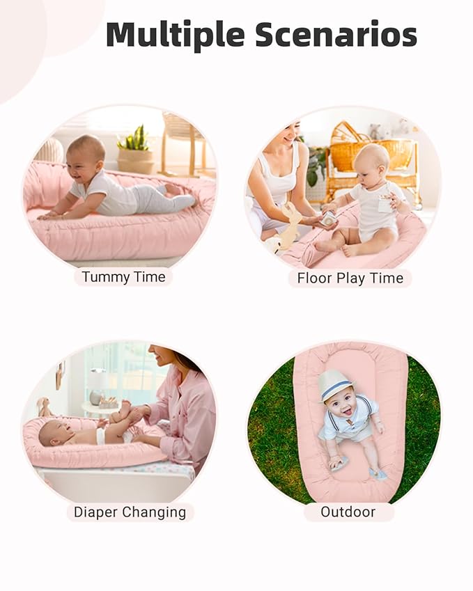 Baby Lounger for Newborn 0-24 Months, Breathable & Soft Infant Lounger, Adjustable Tummy Time Lounger for Home and Travel, Baby Girls & Boys Newborn Babies Essentials Stuff, Pink