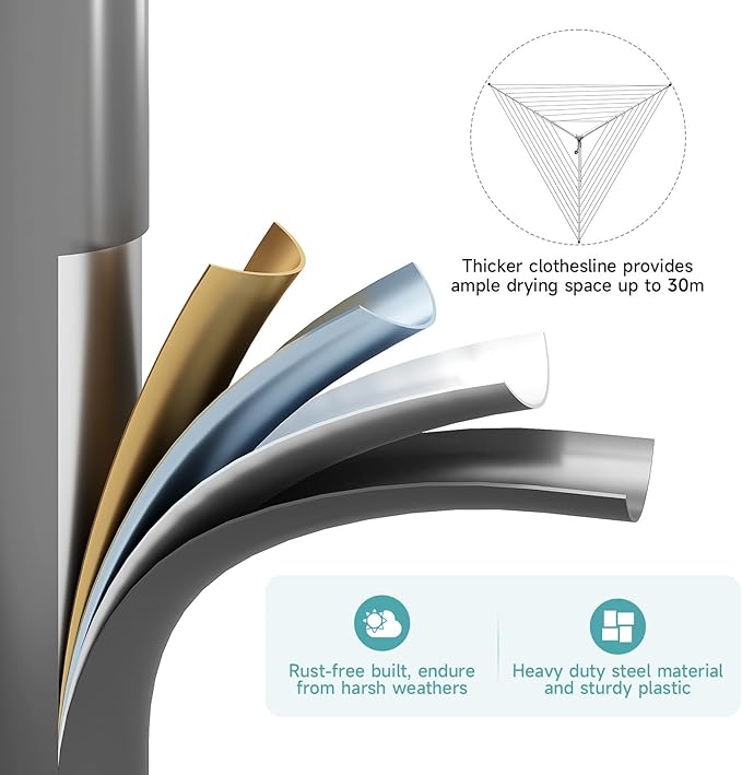 APEXCHASER Clothes Drying Rack, Outdoor Umbrella Drying Rack, Rotary Metal Drying Rack Clothing Foldable, 3-Arms Umbrella Clothesline with 98ft, Steel Frame, Backyard