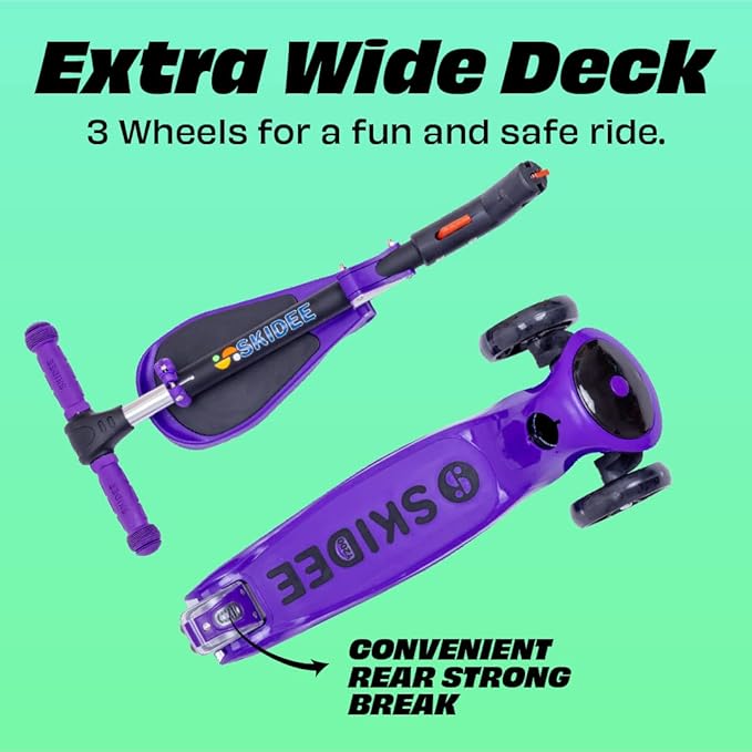 SKIDEE Kick Scooters for Kids Ages 3-5, Adjustable Height Foldable Scooter with Removable Seat, 3 LED Light Wheels, Rear Brake, Wide Standing Board, Suitable Up to 12 Year Old Boys/Girls