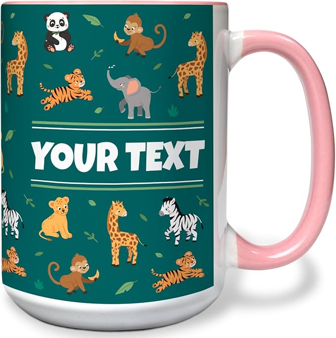 Personalized Mug for Kids - Zoo Animals - Custom Name/Text, Ceramic Hot Chocolate/Cocoa/Coffee Cup for Boys/Girls, Birthday/Christmas/Holiday Gift - 15 oz, Pink Handle
