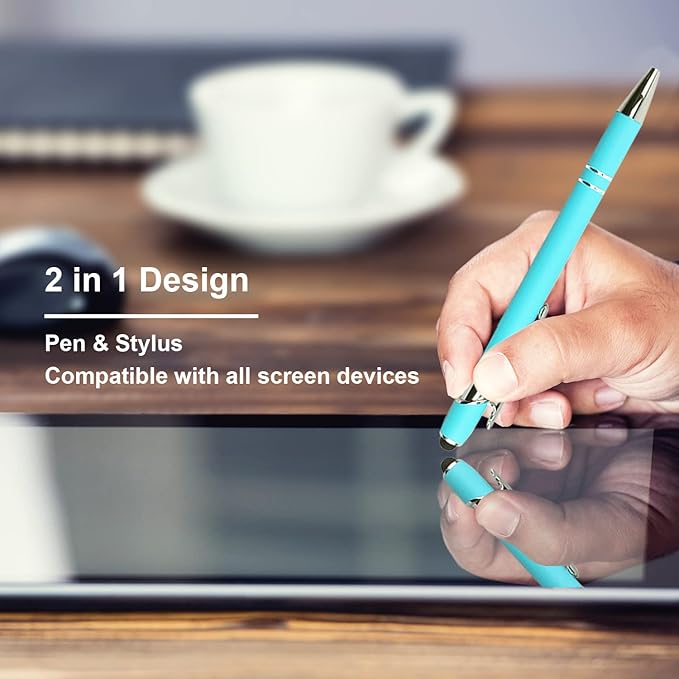 Ballpoint Pen with Stylus Tip, Soft Touch Click Metal Pen, 1.0mm Medium Point, Black Ink, 12 Count(Light Blue)