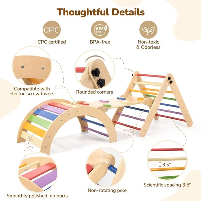 Pikler Triangle Set with Cushion, 8-in-1 Toddler Climbing Toys Indoor, Wooden Montessori Climbing Set with Arch Ramp,Ladder&Tent Cloth, Baby Indoor Climber Jungle Gyms for Toddlers Toy, Rainbow