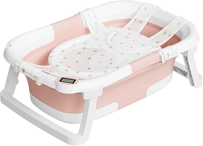 Collapsible Baby Bathtub,Baby Bath Tub with Soft Cushion & Thermometer,Baby Bathtub Newborn to Toddler 0-36 Months,Portable Travel Baby Tub