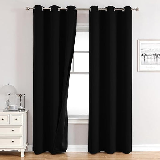 ChrisDowa 100% Blackout Curtains for Bedroom with Black Liner, 2 Thick Layers Total Blackout Thermal Insulated Grommet Window Curtains 2 Panels Set (Black, 42 x 84 Inch)