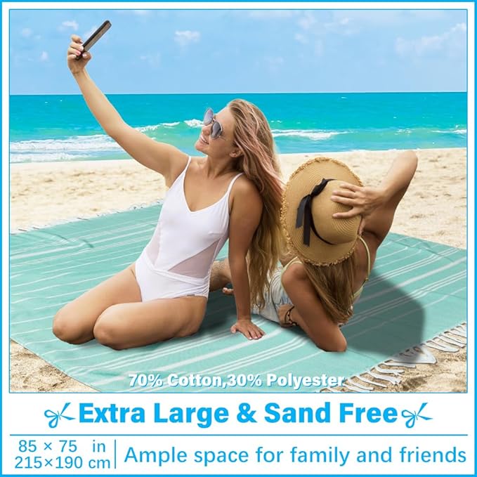 Oversized Turkish Beach Towel Blanket XXL Cotton Sandproof Towels Boho Woven Extra Large Big Sand Free Giant Throw Thick Blankets Huge Quilt XL Picnic Camping Necessities Cloud For Adult Gifts Aqua