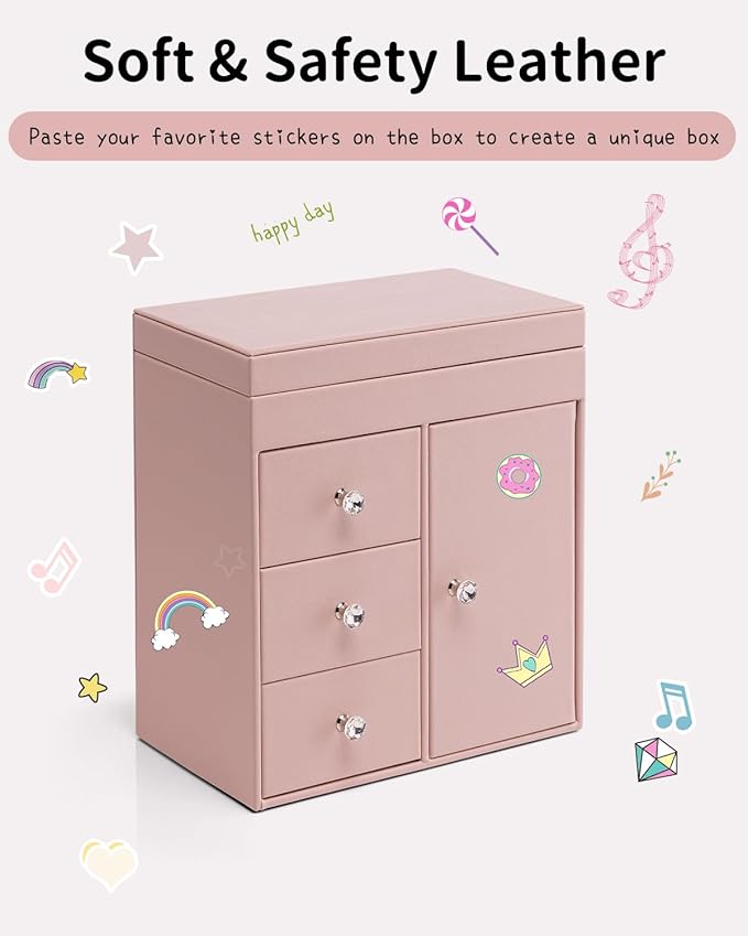 Vlando Musical Jewelry Box for Girls, Large Kid Music Box with Ballerina for Birthday Bedroom Decor, 4 Layer Girl Jewelry Gifts for Girls Kids - Pink