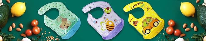 Amplim Baby Feeding Bib (3-Pack) Toddler/Baby Bibs for Eating. Waterproof, Adjustable, Lightweight. Eco-friendly PEVA material. BPA, Lead, Phthalate, Cadmium free