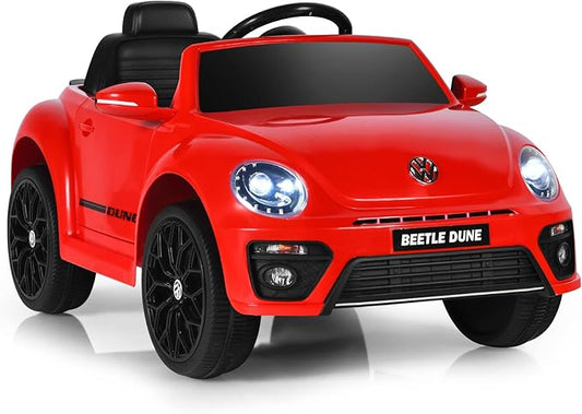 Costzon Ride on Car, 12V Licensed Volkswagen Beetle Battery Powered Vehicle w/Remote Control, Spring Suspension, Lights, USB, Horn, Music, 4 Wheeler for Boy Girl Gift, Electric Car for Kids (Red)