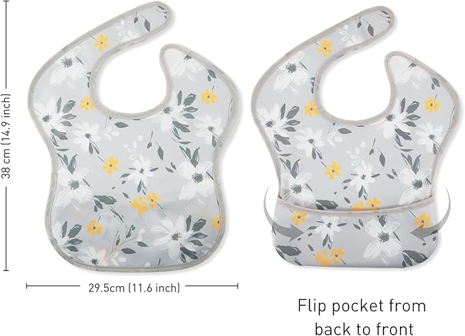 Mess Proof Baby Bib 3 Pack, Waterproof Led Weaning Baby Feeding Bibs with Food Catcher, Travel Feeding Bibs