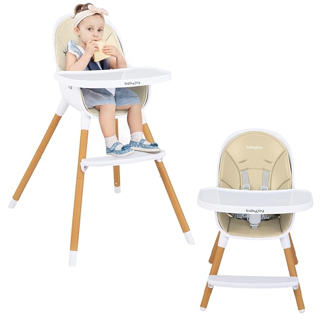 BABY JOY Convertible Baby High Chair, 3 in 1 Wooden Highchair/Booster/Chair with Removable Tray, Adjustable Legs, 5-Point Harness, PU Cushion and Footrest for Baby, Infants, Toddlers (Beige)