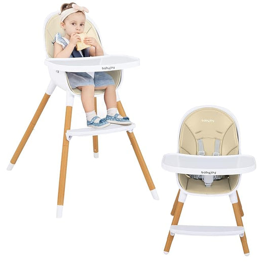 BABY JOY Convertible Baby High Chair, 3 in 1 Wooden Highchair/Booster/Chair with Removable Tray, Adjustable Legs, 5-Point Harness, PU Cushion and Footrest for Baby, Infants, Toddlers (Beige)