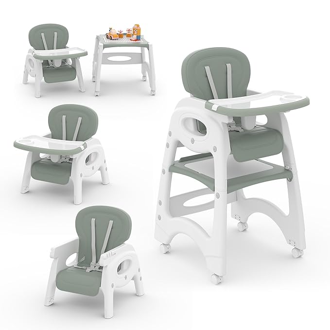 Xilingol 8 in 1 Convertible Baby High Chair W/Wheels, Baby Feeding Chair W/Adjustable Backrest & Removable Dual Tray, Building Block Table & Chair Set, HighChair for Babies & Toddlers (Green)