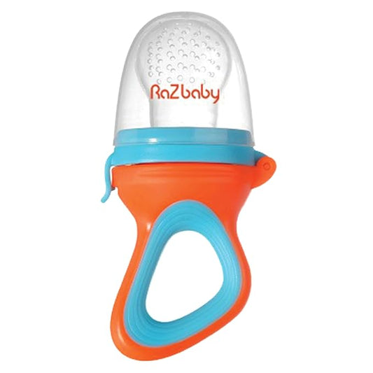 RaZbaby Baby Solids/Frozen Fruit Feeder Pacifier, Infant Teether Toy 6M+, BPA-Free Silicone Pouch & Nipple, Safely Introduce Solids, Natural Teething Relief, Dishwasher Safe, Freezable – Orange/Blue