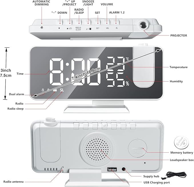 Projection Digital Alarm Clock for Bedrooms, Clock Radio on Ceiling, USB Charger Port, Temperature & Humidity Display, 7.3” Large Mirror LED Display,12/24H,Snooze,Dual Loud Alarm Clock- 4 Dimmer
