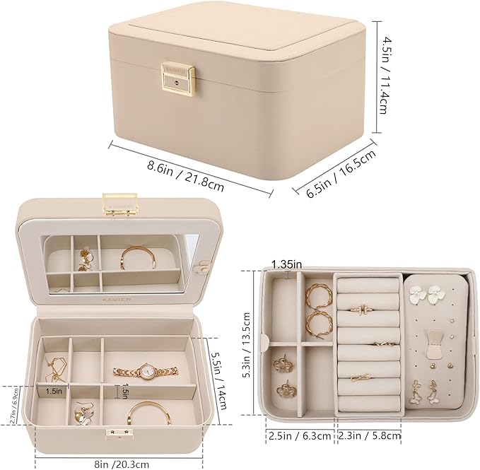 Upgraded Jewelry Box, 2 Layers PU Leather Jewelry Organizer for Women with Lock and Mirror, Hidden Necklace Hook and Removable Divider Large Capacity Travel Jewelry Box Ideal for Gift-With Gift Box