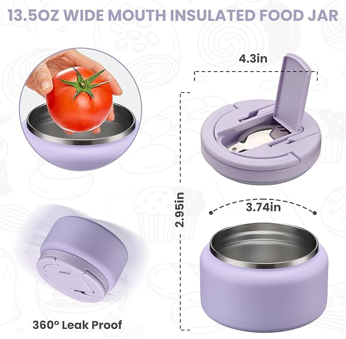 Soup Thermo for Hot Food Kids 13.5oz Lunch Containers with Buckle Lid Wide Mouth Hot Food Jar Vacuum Insulated Stainless Steel Bento Box Leakproof with Spoon(Purple)
