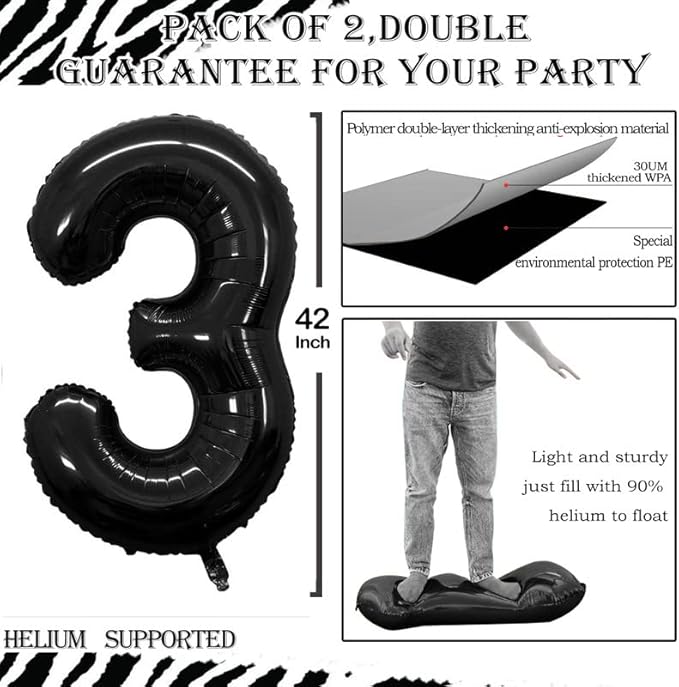 GOER Black Foil Balloons Number 3,Huge Number Balloons for 3rd Birthday Party Supplies Anniversary Decorations (3 pcs,42 inch,32 inch,16inch)