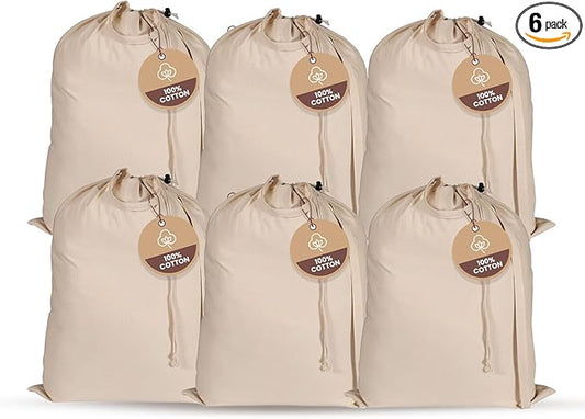 LFH Home Large Premium 100% Cotton Canvas Laundry Bag with Drawstring and Handles Heavy Duty, Multi-Use, and Washable for Home, Travel, College or Storage 28x40 (Pack of 6)-Natural