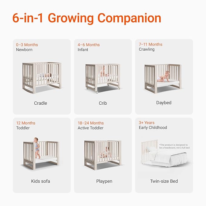 EvoNest Baby Crib, 6 in 1 Convertible Mini Crib with Wheels, 100% New Zealand Solid Wood Growing Bed, 4 Adjustable Mattress Height，Washed Natural