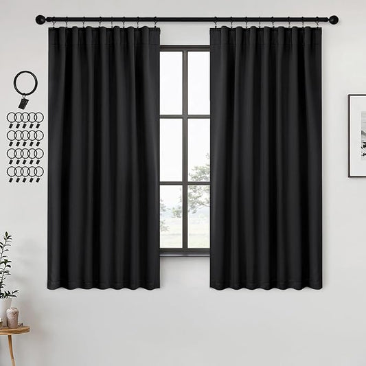 ANRODUO Back Tab Blackout Curtains for Bedroom Living Room, Rod Pocket Pinch Pleated Thermal Insulated Room Darkening Curtains 45 Inches Long 2 Panels, Black, 42 x 45 Inch