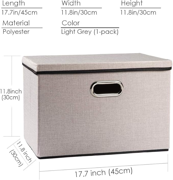 PRANDOM Large Foldable Storage Bin with Lid [1-Pack] Linen Fabric Decorative Storage Box Organizer Container Basket Cube with Handles Divider for Closet Office Living Room Light Grey(17.7x11.8x11.8)
