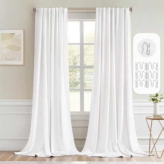 MIULEE Pure White Back Tab Blackout Curtains 108 Inch Long 2 Panels Set for Bedroom, Rod Pocket/Pinch Pleat Extra Long Thermal Insulated Living Room Darkening Pleated Light Blocking Drapes