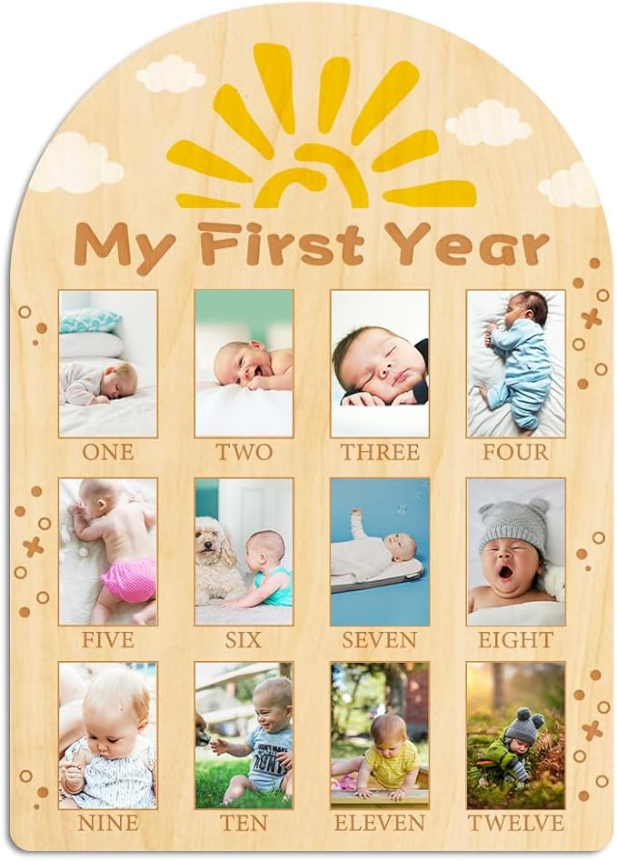 ORIGACH My First Year Baby Growth Photo Display Wood Board - 12 Months Newborn Milestones Photo Board - Neutral Baby Keepsake Frame 1st Birthday Party Nursery Decor New Mom Gift - Sun & Cloud