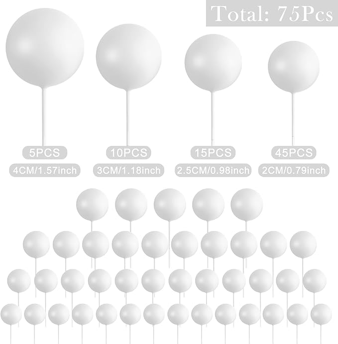 75 Pieces White Cake Balls Topper Decorations Foam Cupcake Topper Mini Balloon Cake Topper Picks for Cake Deco Birthday Party Wedding
