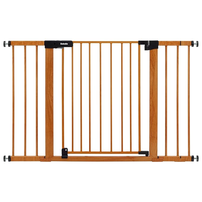 BABELIO 29-48" Metal Baby Gate with Brown Wood Pattern, Auto Close Dog Gate for The House, Stairs and Doorways, Pressure Mounted Pet Gate with Door, Safety Gate for Child and Pets
