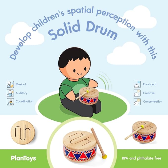 PlanToys® Solid Drum Wooden Musical Toy for Toddlers | Pretend Play Instrument for Kids | Eco-Friendly Percussion Toy for Coordination, Creativity & Early Learning Development