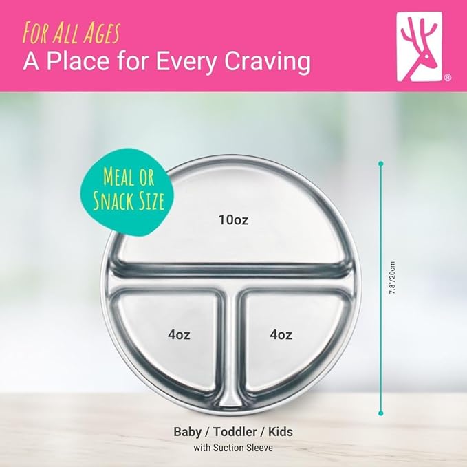 Elk and Friends Stainless Steel Divided Plates with Silicone Sleeve for Babies & Toddlers | Lids Included | Stay Put Suction | Dinner & Snack Plates | 2 Pack